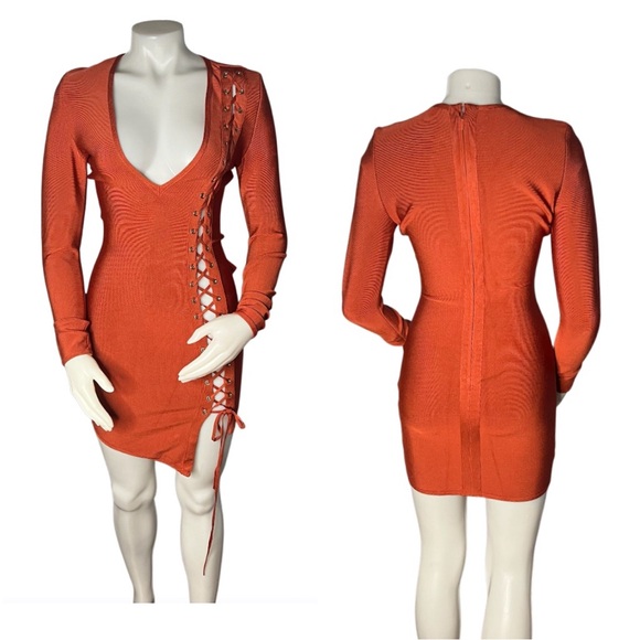 HOUSE OF CB London Bandage Dress Bodycon Mini Lace Up Plunge Neckline Size Small - Picture 11 of 11